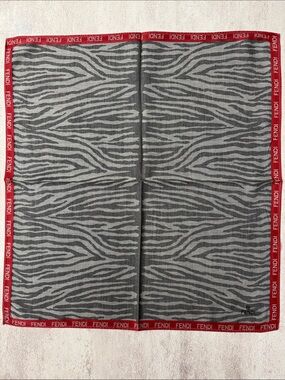 Fendi Gray Zebra Print Scarf with Red Logo Trim cotton